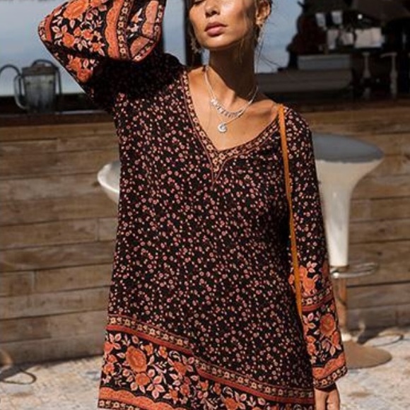 Floral Bell Sleeve Mini DRESS Dahlia Brown Kaftan - Picture 3 of 6